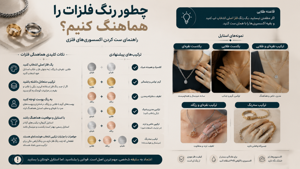 چطور رنگ فلزات را هماهنگ کنیم؟ راهنمای ست کردن اکسسوریهای نقرهای، طلایی و رزگلد