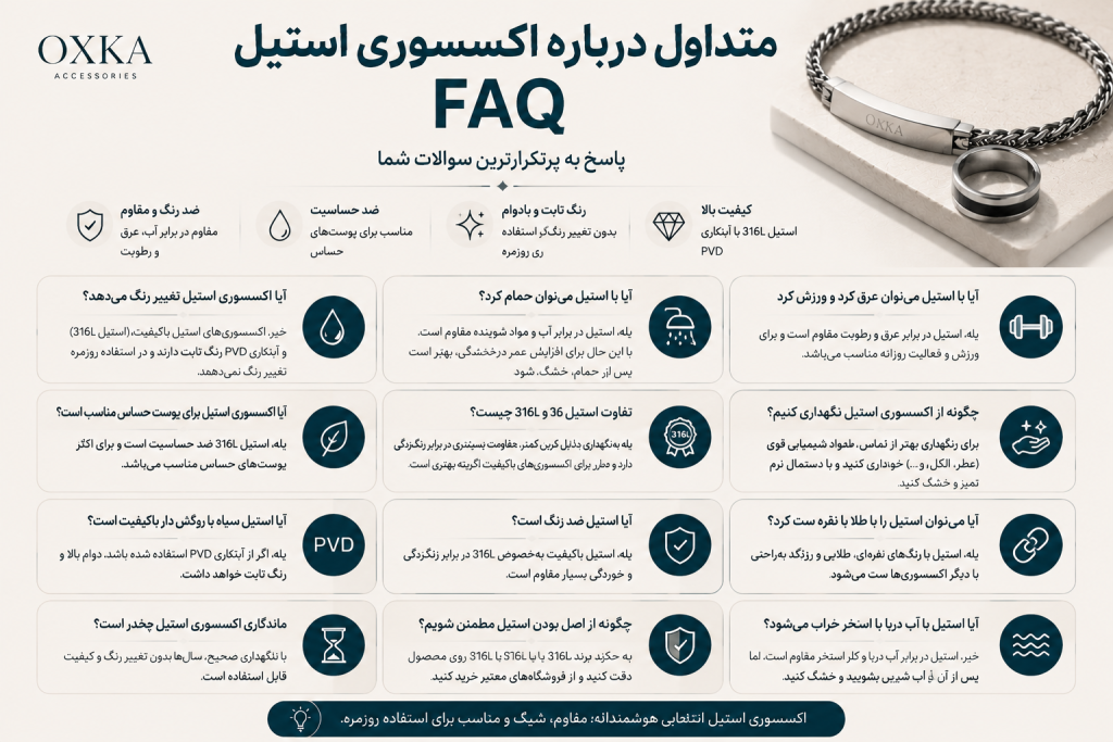سوالات متداول درباره اکسسوری استیل؛ پاسخ به رایجترین پرسشها درباره زیورآلات استیل